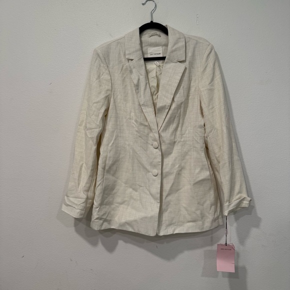 Avec Les Filles Cream Textured Cotton-Linen Sculpted Blazer L - Picture 2 of 7